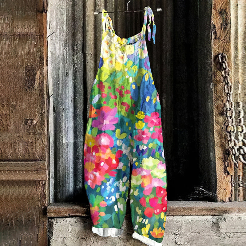 Vintage Colourful Flowers Oil Painting Art Graphic Casual Loose Jumpsuit