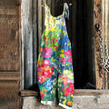 Vintage Colourful Flowers Oil Painting Art Graphic Casual Loose Jumpsuit