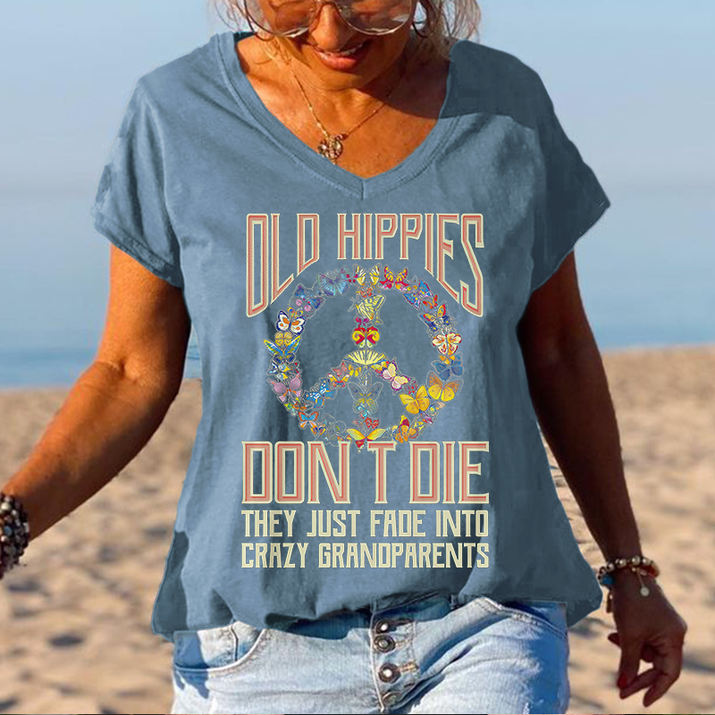 Butterflies Old Hippies Don't Die V-neck Graphic Tees
