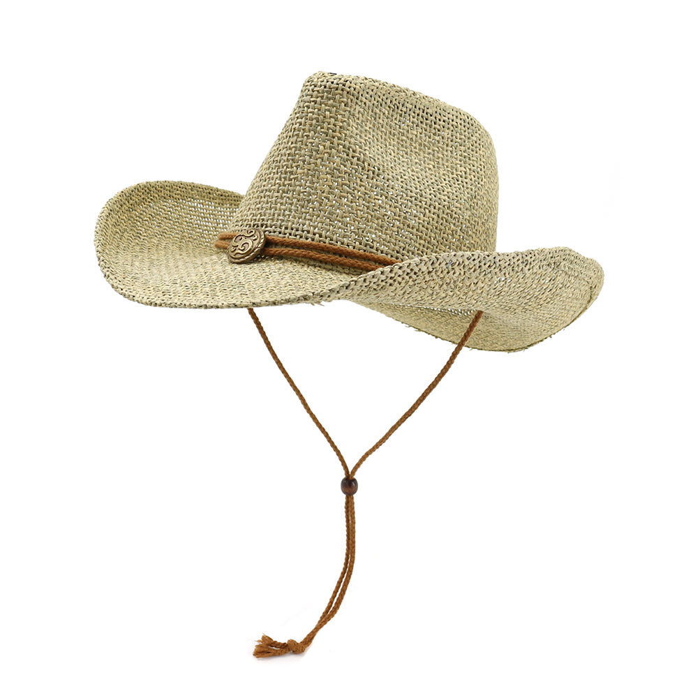 Western Cowboy Sandy Beach Sun Protect Straw Hat With String