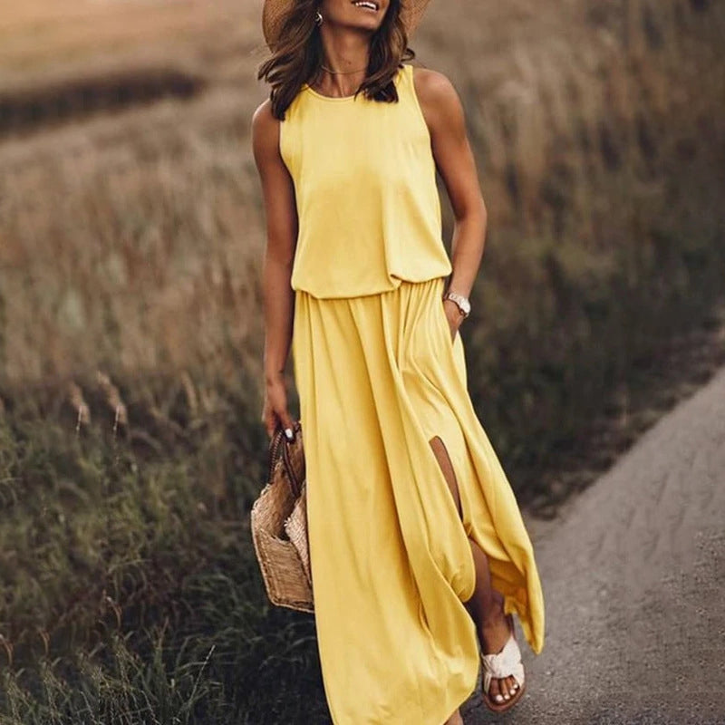Women's Summer Round Neck Sleeveless Dress Split Solid Colour Dress
