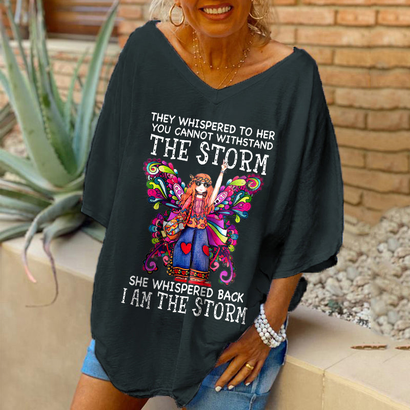 Oversized They Whispered To Her You Cannot Whispered The Storm Print Butterfly Graphic Loose Tees