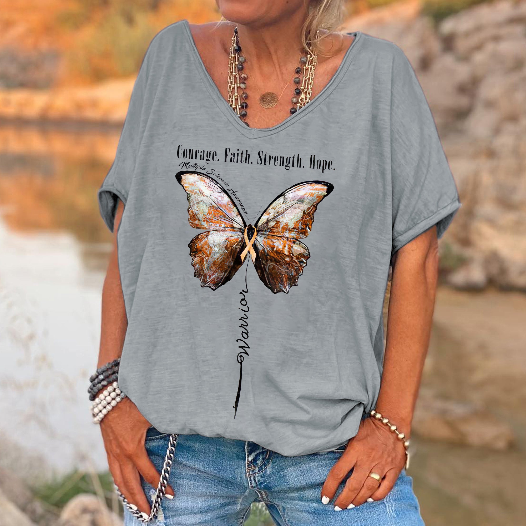 Courage. Faith. Strength. Hope Butterfly Printed Women's T-shirt