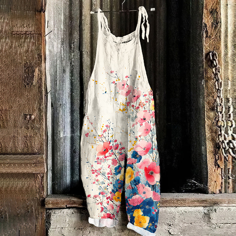 Flowers Vintage Art Print Linen Loose Casual Jumpsuit