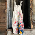 Flowers Vintage Art Print Linen Loose Casual Jumpsuit