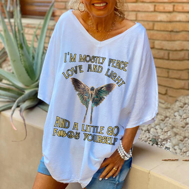 I‘m Mostly Peace Love And Light Butterfly Women V-neck T-shirt, One Size