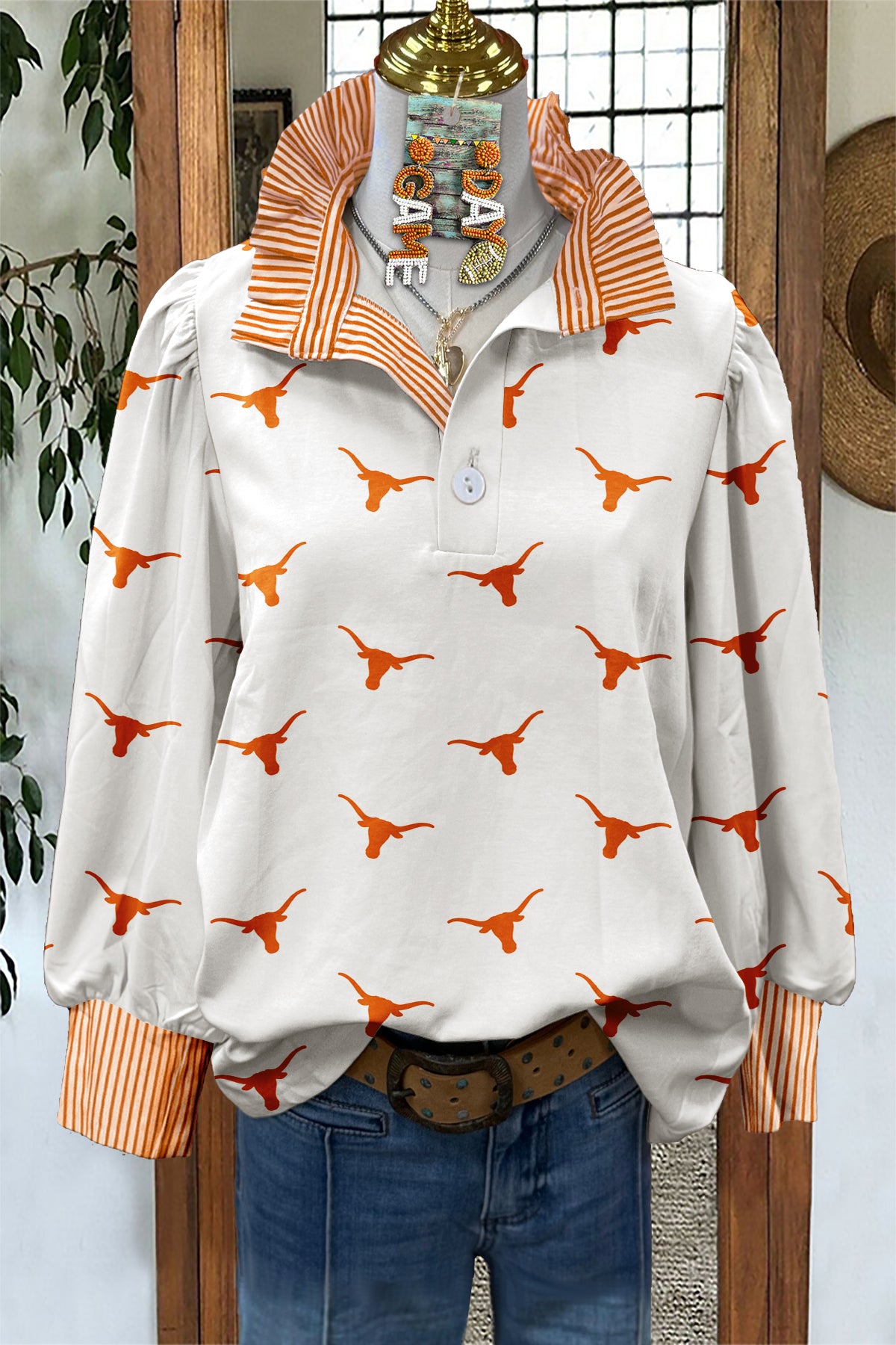 Classic Texas Longhorns Print Stand Collar Blouse