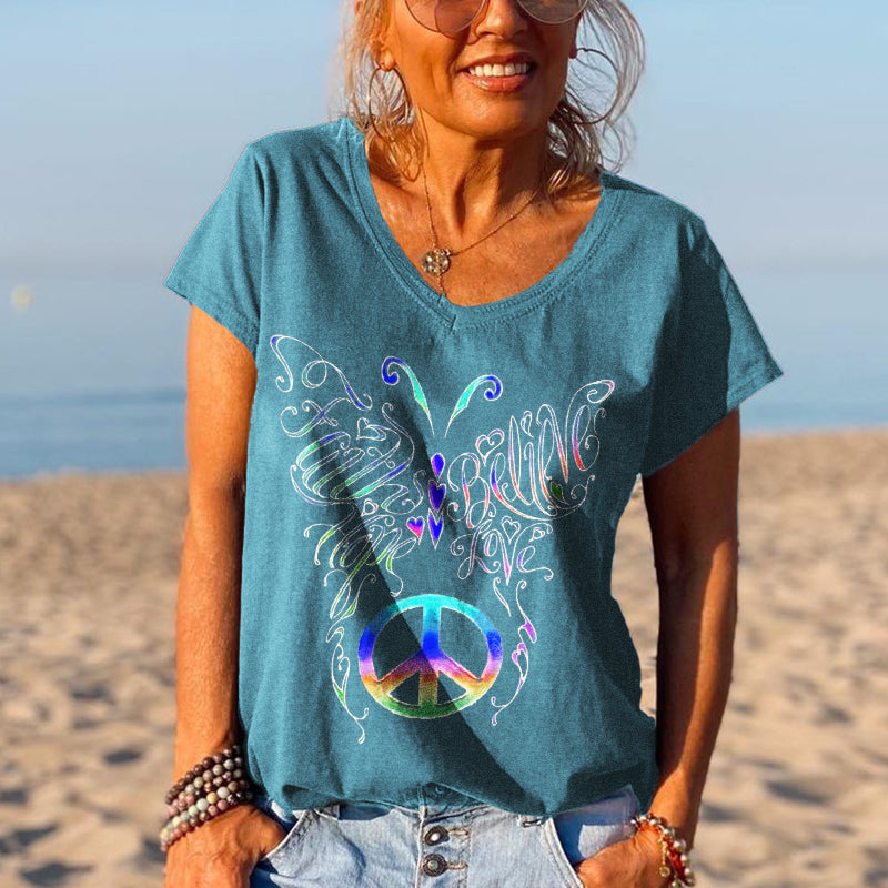 Colorful Butterfly Printed V-neck Graphic Tees