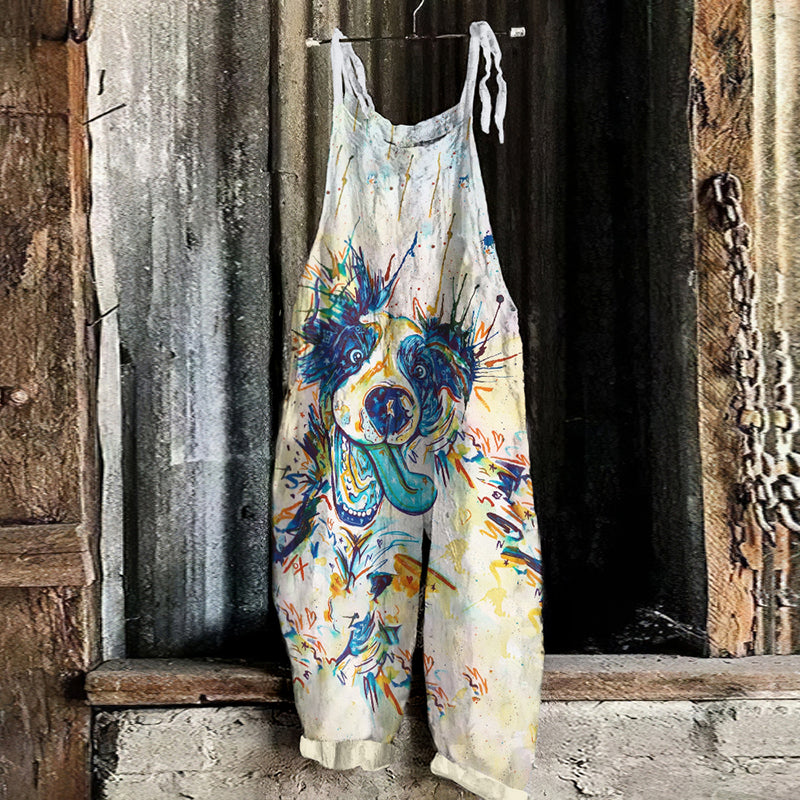 Retro Casual Crazy Milo Blue Dog Lover Watercolor Print Loose Jumpsuit