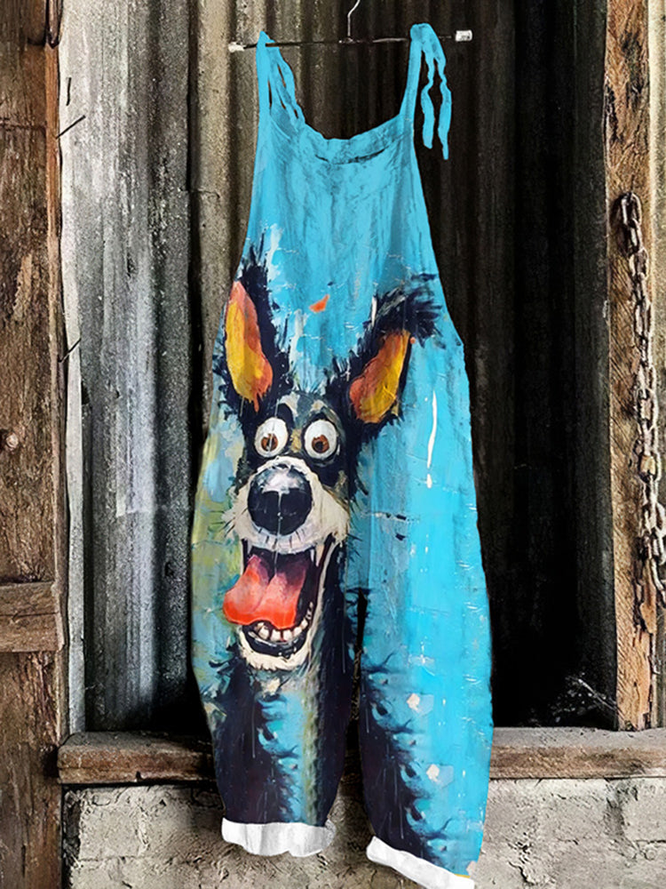 Oil Painting Dog Art Print Loose Jumpsuit