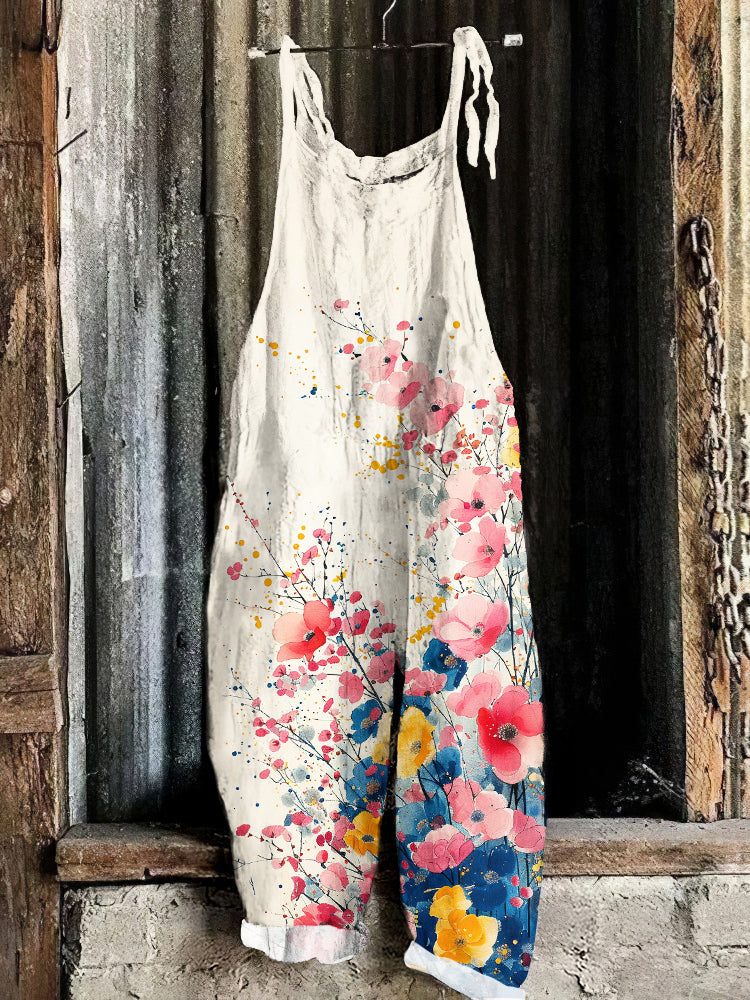 Flowers Vintage Art Print Linen Loose Casual Jumpsuit