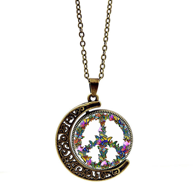 Peace Symbol Time Crystal Pendant Vintage Sweater Chain