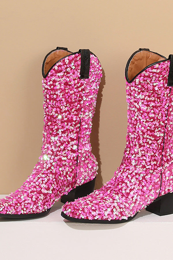 Vintage Sequined Chunky Heeled Boots