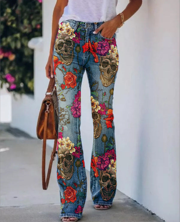 Women's Casual Floral Skull Jeans