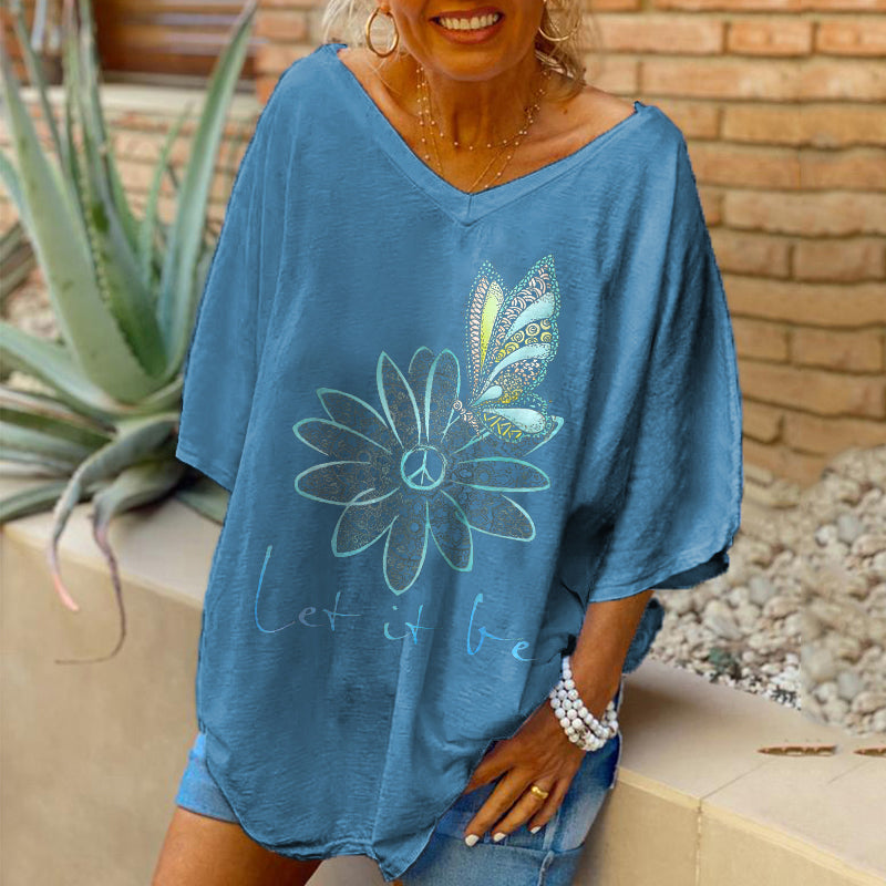 Oversized Let It Be Flowers Butterfly Printed Women Hippie T-shirt
