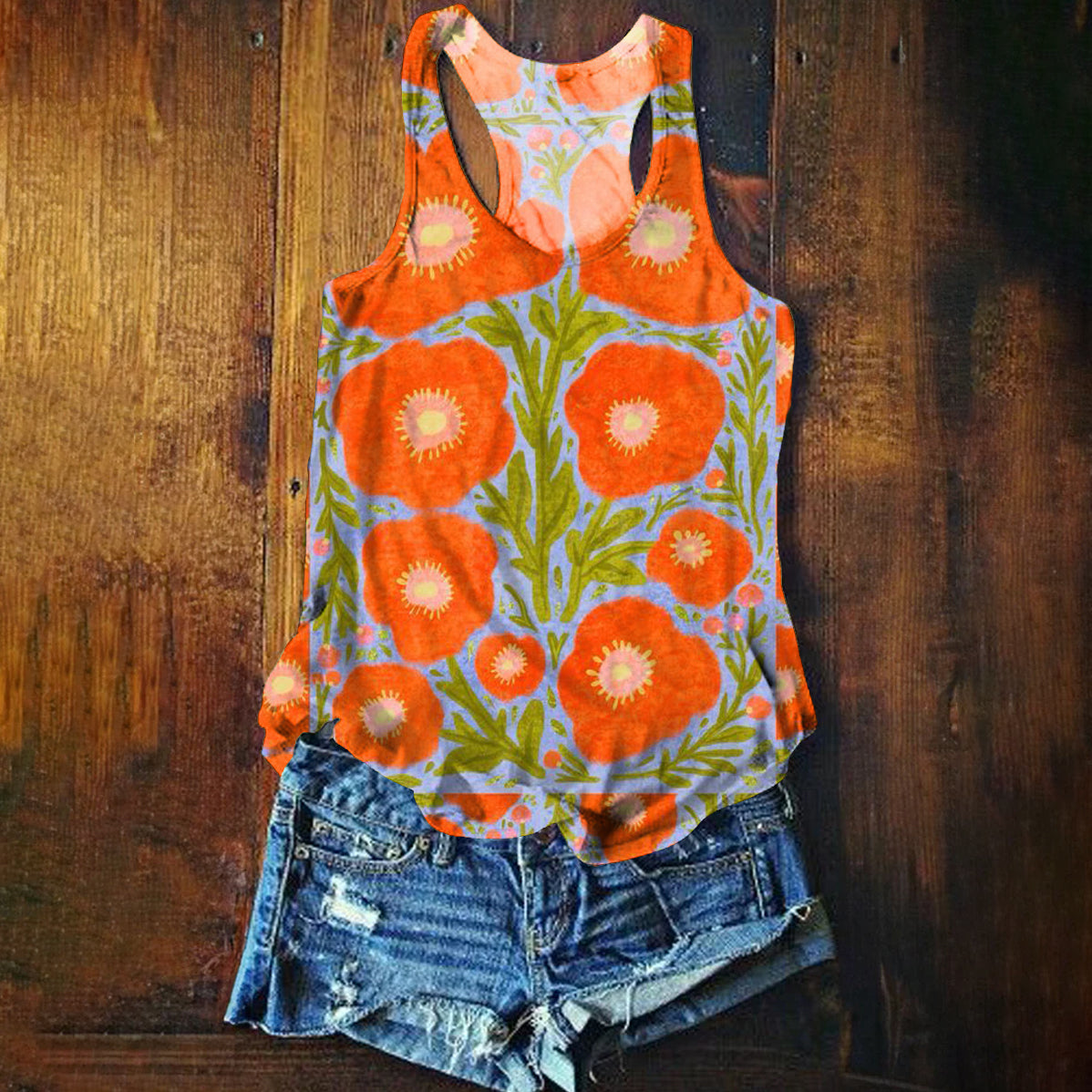 Floral Art Print Casual Tank Top