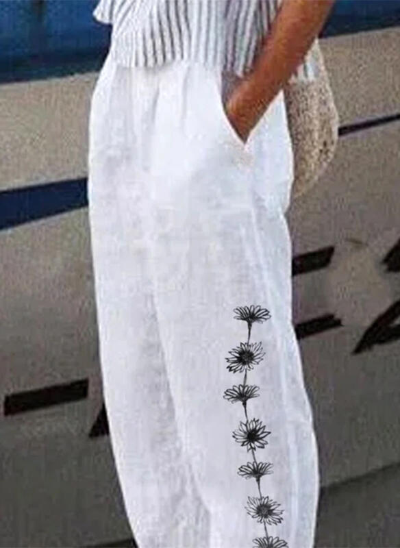 Mid Waist Floral Print Pocket Linen Straight Leg Lounge Pants