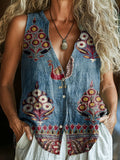 Women's Vintage Ethnic Art Print Sleeveless Cotton Shirt