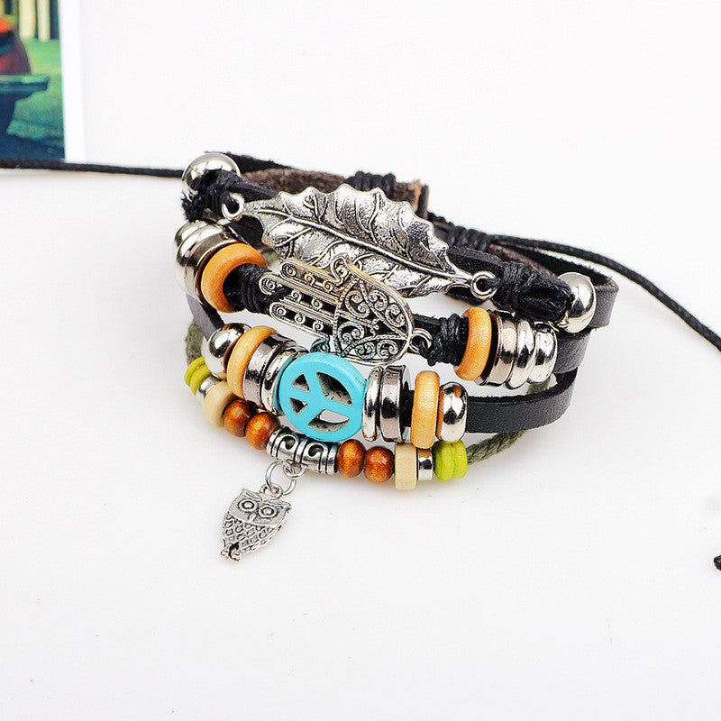 Casual Retro Multi-layer Leaf Peace Symbol Bracelet