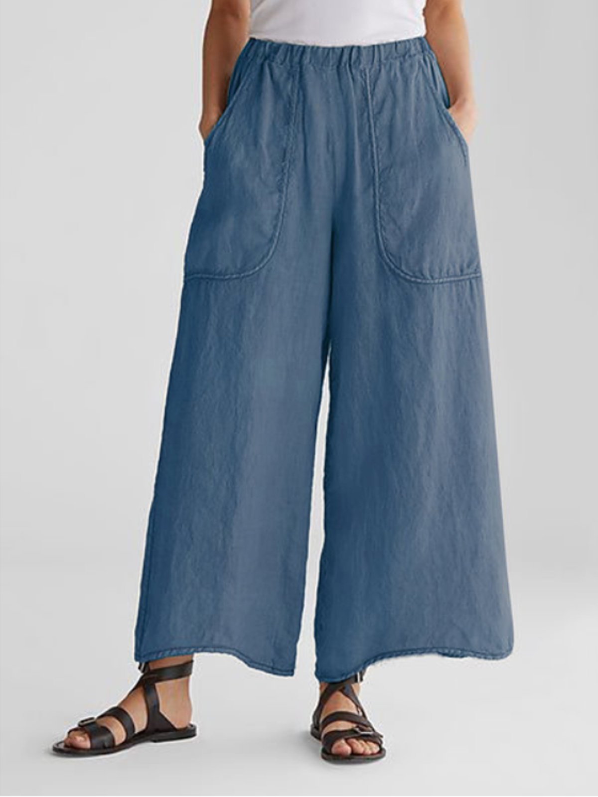 Pocketed Cotton Linen Pants Wide-Legged Mid-Waist Casual Pants