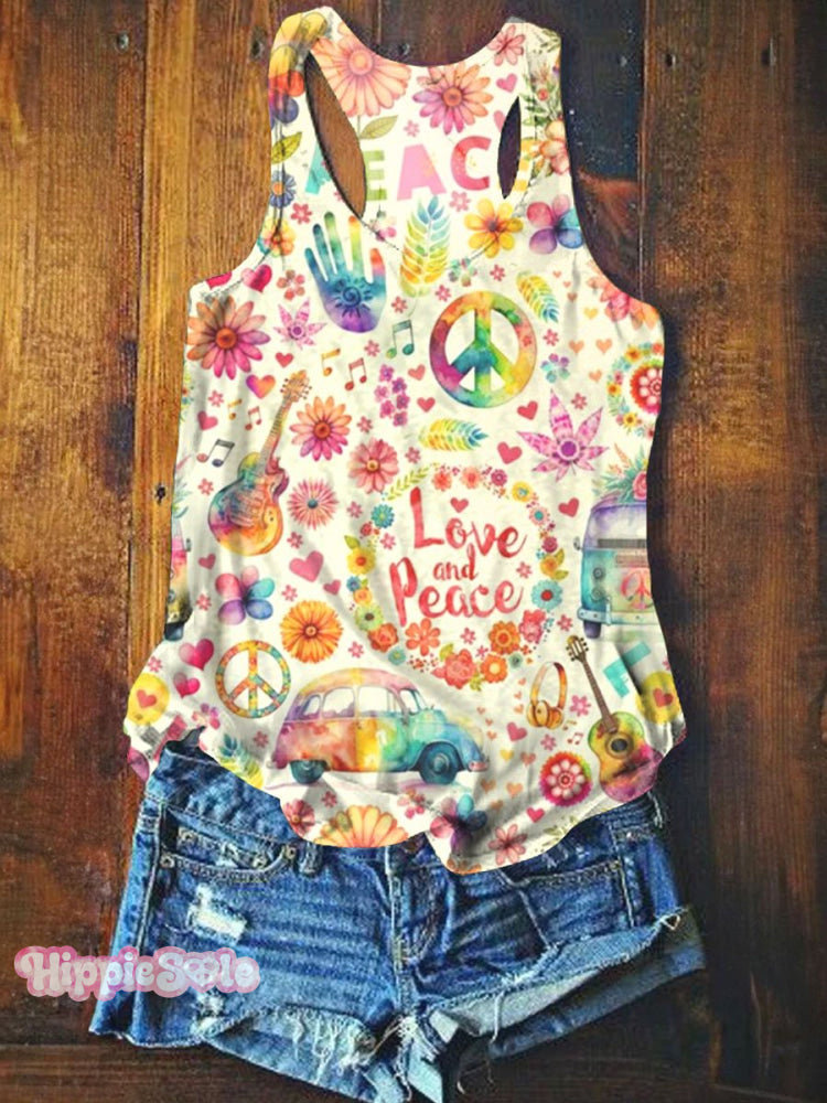 Vintage Hippie Watercolor Peace Flower Power Print Tank Top