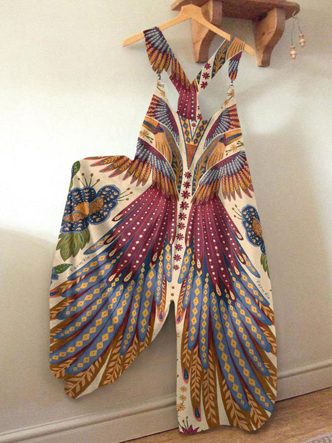 Women's Vacation Toucan Printed Casual Cotton and Linen Jumpsuit