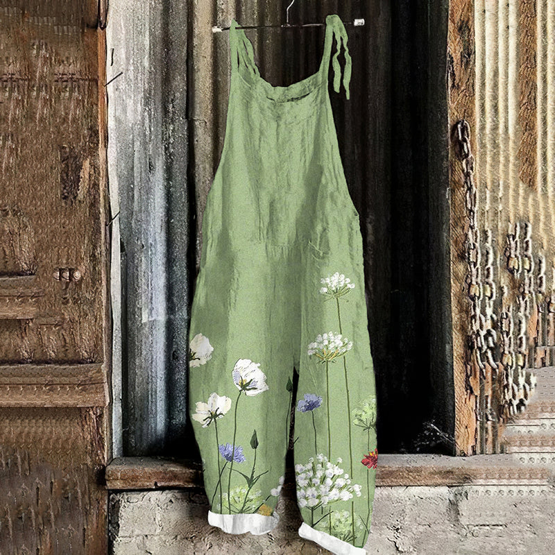 Vintage Floral Art Linen Blend Loose Casual Jumpsuit
