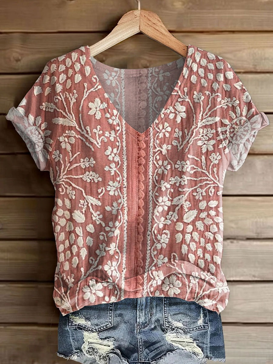 Women's Vintage Ethnic Floral Art Print Sleeveless Cotton Shirt