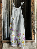 Women's Little Bee Flower Printed Casual Cotton and Linen Jumpsuit