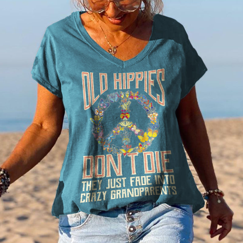 Butterflies Old Hippies Don't Die V-neck Graphic Tees