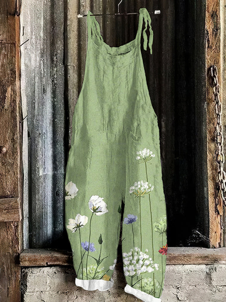 Vintage Floral Art Linen Blend Loose Casual Jumpsuit