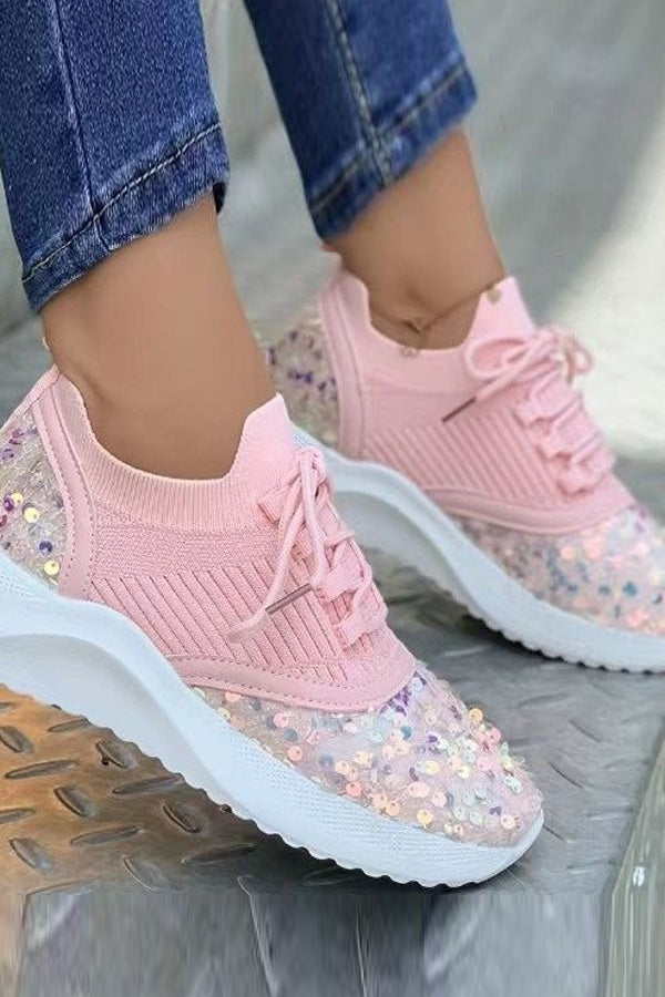 Sequins Fly Knit Lace Up Sneakers