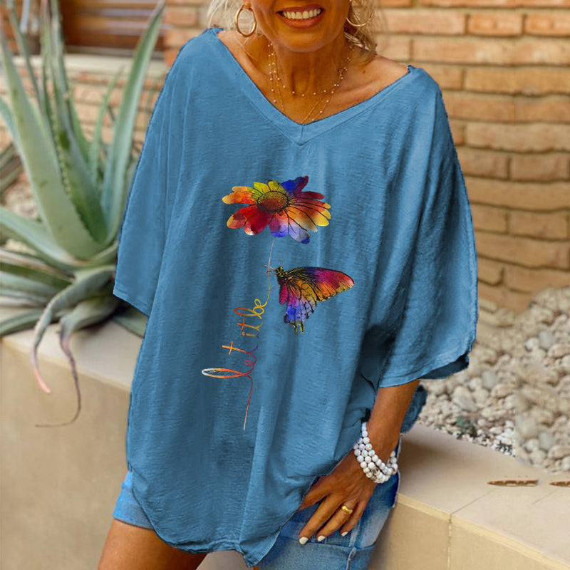 Butterfly & Flower Printed Women V-neck Oversized T-shirt