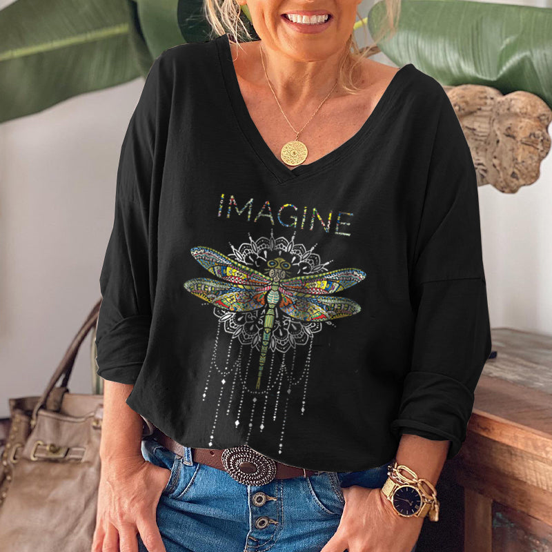 Imagine Featured Dragonfly Printed V-neck Women's  T-shirt