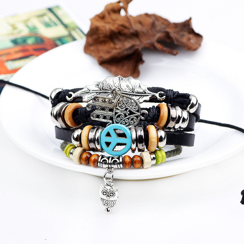 Casual Retro Multi-layer Leaf Peace Symbol Bracelet