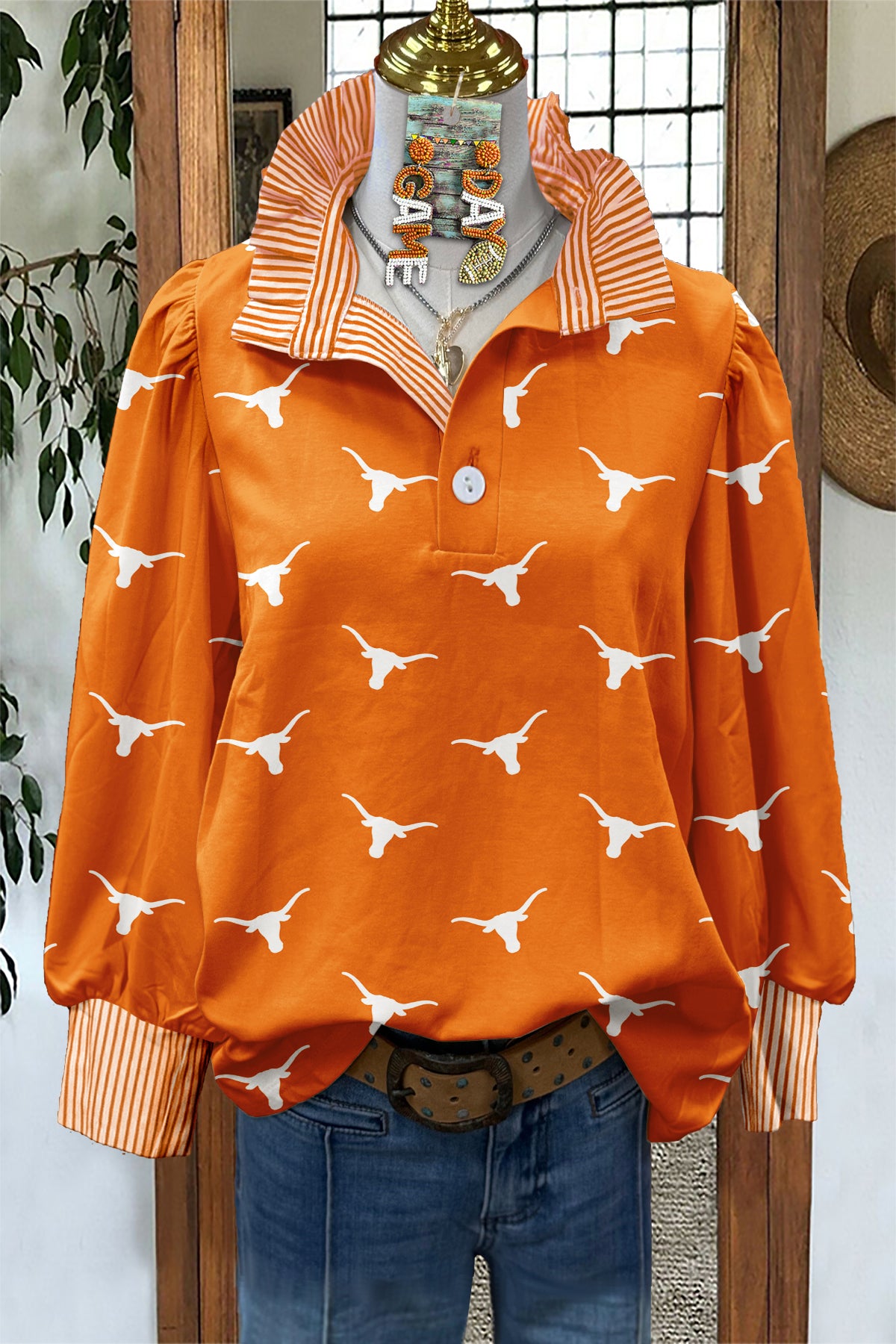 Classic Texas Longhorns Print Stand Collar Blouse