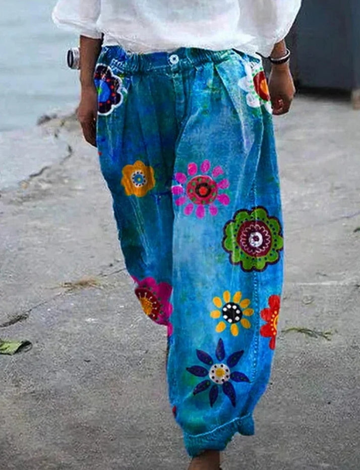 Women's Casual Cartoon Flower Loose Lantern Jeans