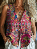 Women's Bohemian Floral Ethnic Art Print Sleeveless Cotton Shirt