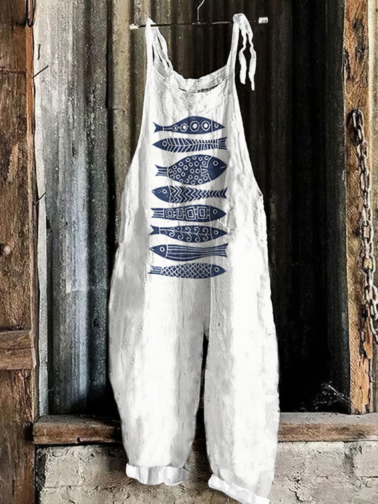 Vintage Japanese Art School Fish Print Loose Casual Jumpsuit