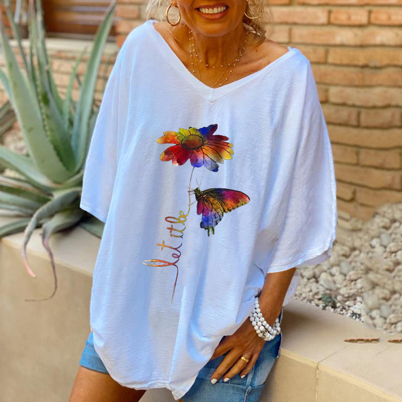 Butterfly & Flower Printed Women V-neck Oversized T-shirt