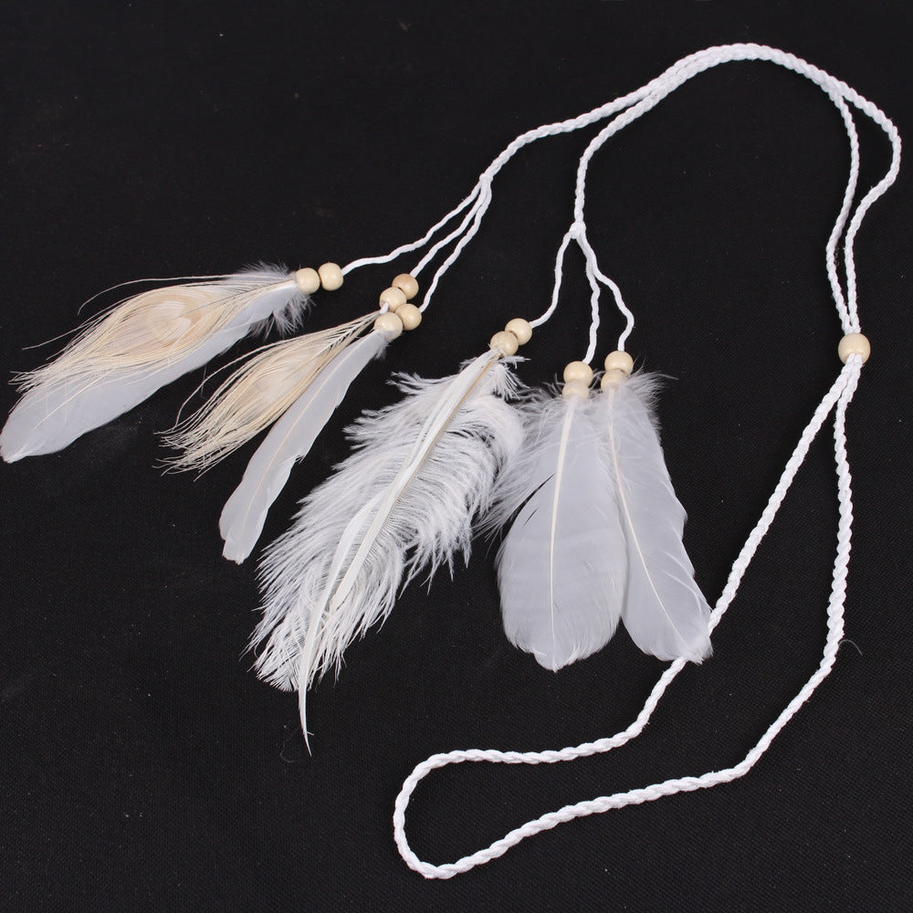 White Peacock Feather Holiday Bohemian Hair Band & Bracelet Set