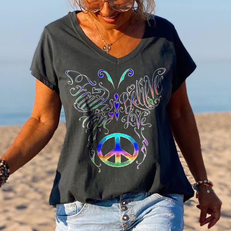 Colorful Butterfly Printed V-neck Graphic Tees