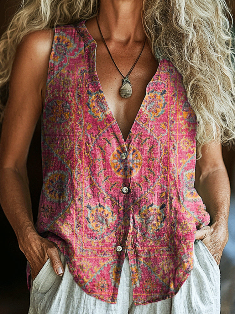 Women's Colorful RetroTotem Art Print Sleeveless Cotton Shirt