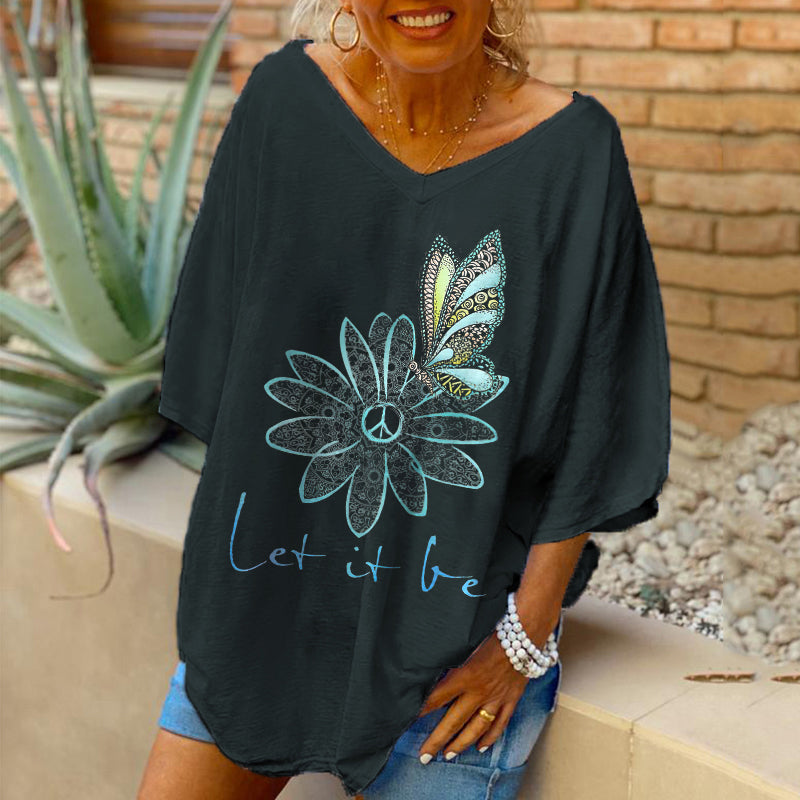 Oversized Let It Be Flowers Butterfly Printed Women Hippie T-shirt