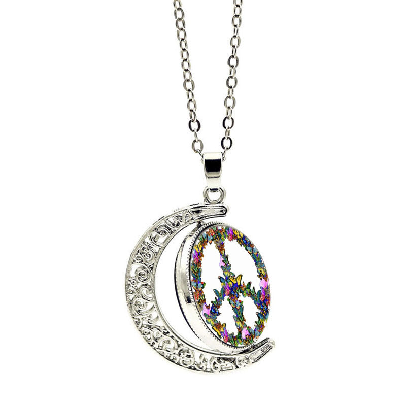 Peace Symbol Time Crystal Pendant Vintage Sweater Chain