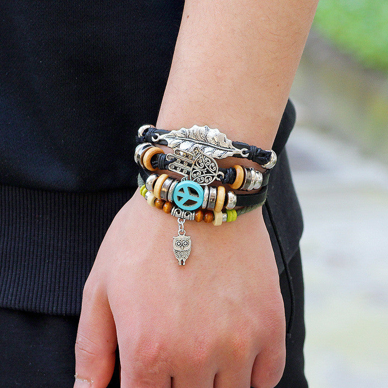 Casual Retro Multi-layer Leaf Peace Symbol Bracelet