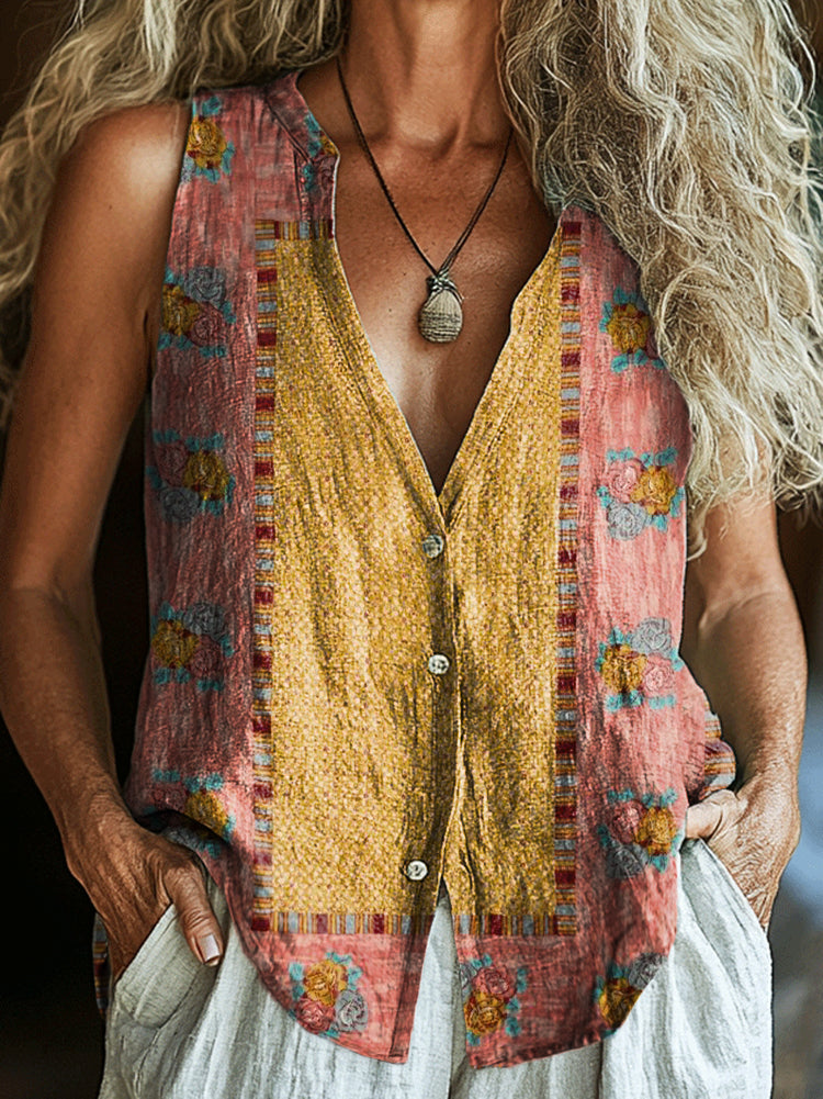 Women's Vintage Bohemian Floral Art Print Sleeveless Cotton Shirt