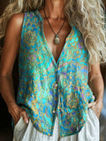 Women's Ethnic Totem Art Pattern Print Sleeveless Cotton Shirt