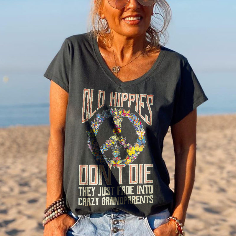 Butterflies Old Hippies Don't Die V-neck Graphic Tees