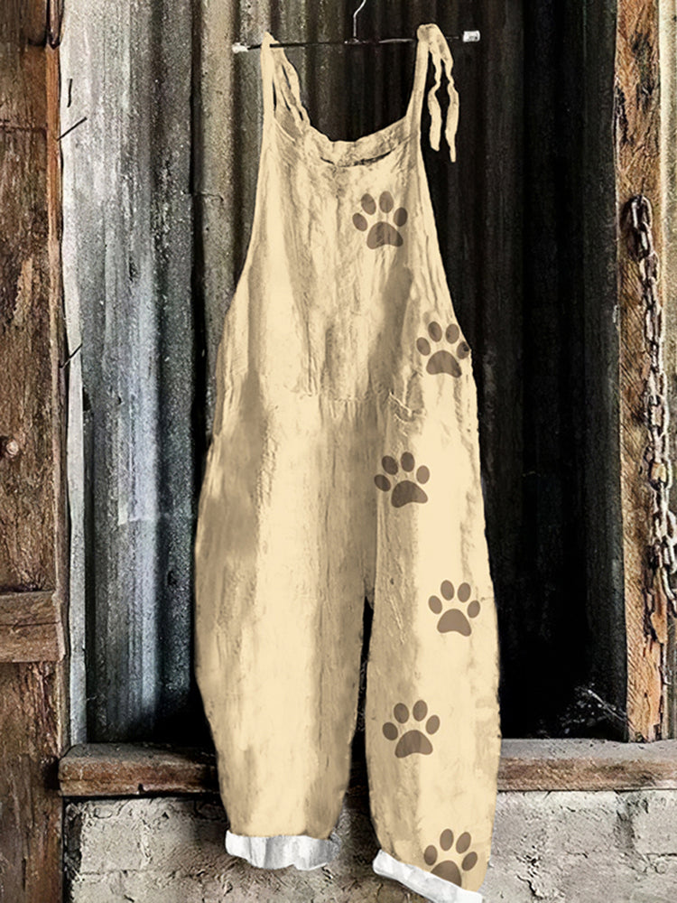 Vintage Cute Puppy Paw Printed Funny Casual Loose Jumpsuit